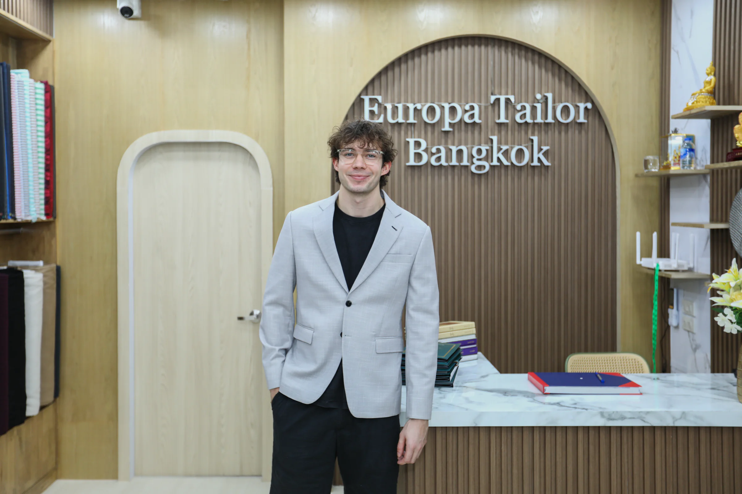 Client wearing his finished light grey Europa jacket