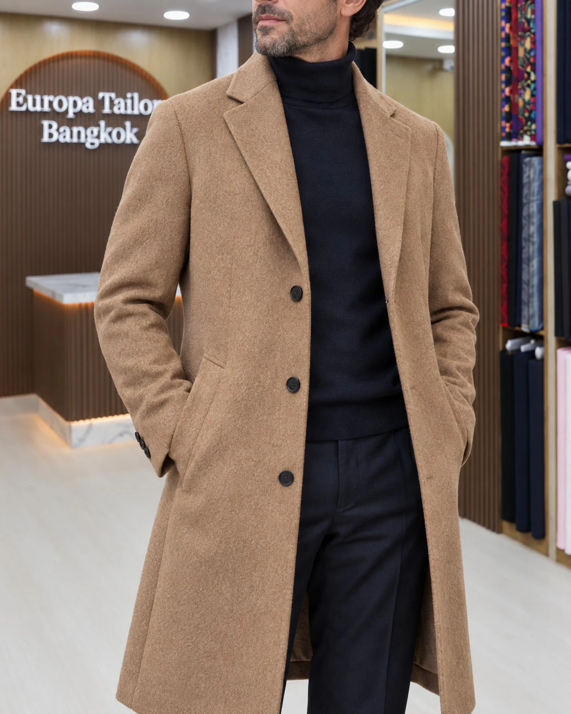 AI-generated detail illustration of wool overcoat lapels, buttons and cloth texture