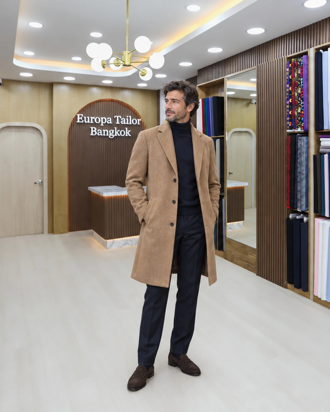 AI-generated style illustration of a man wearing a camel wool overcoat in a showroom setting